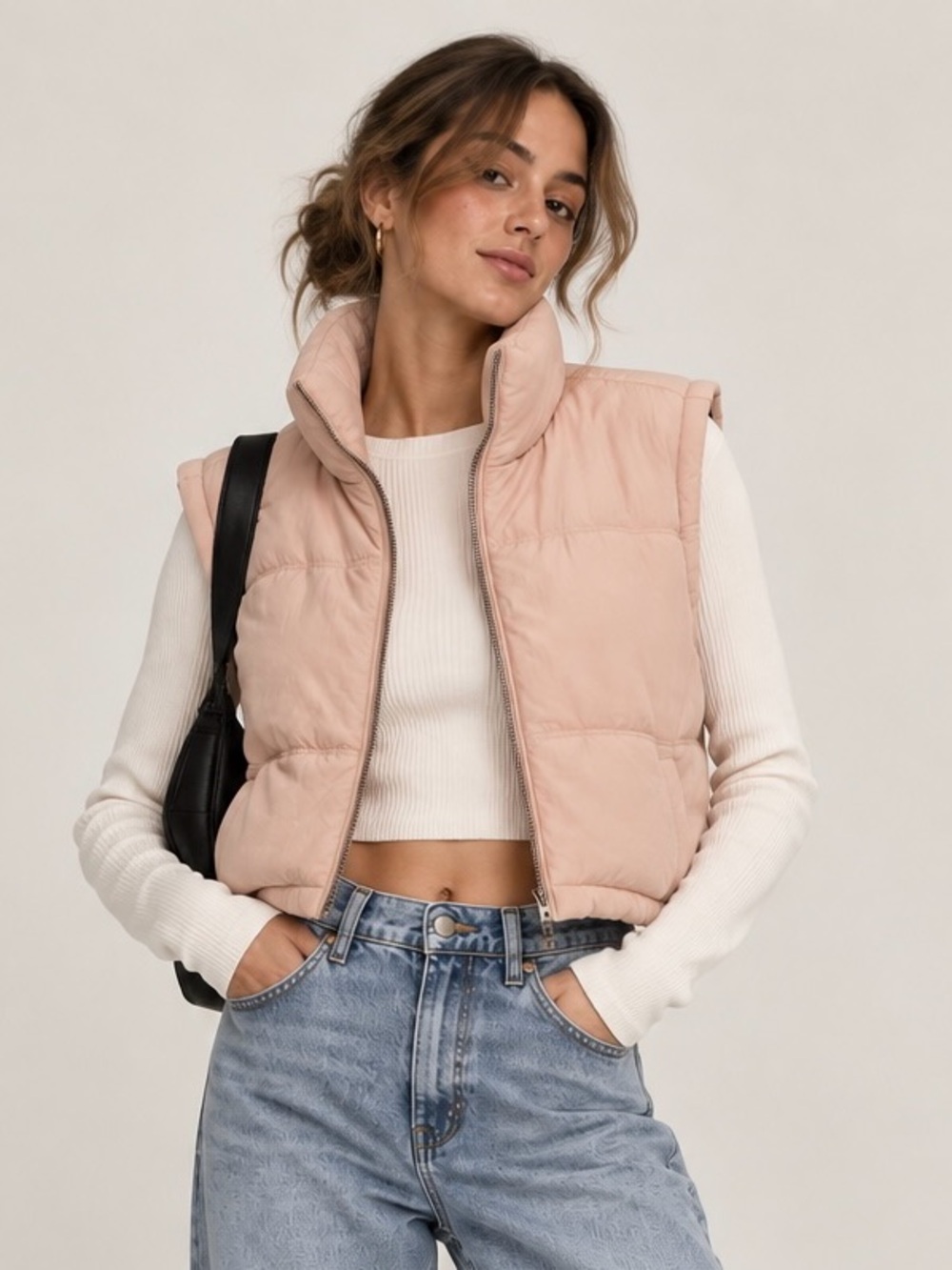 Thread & Supply Quilted Puffer Vest Blush Pink Cropped Zip Front Small